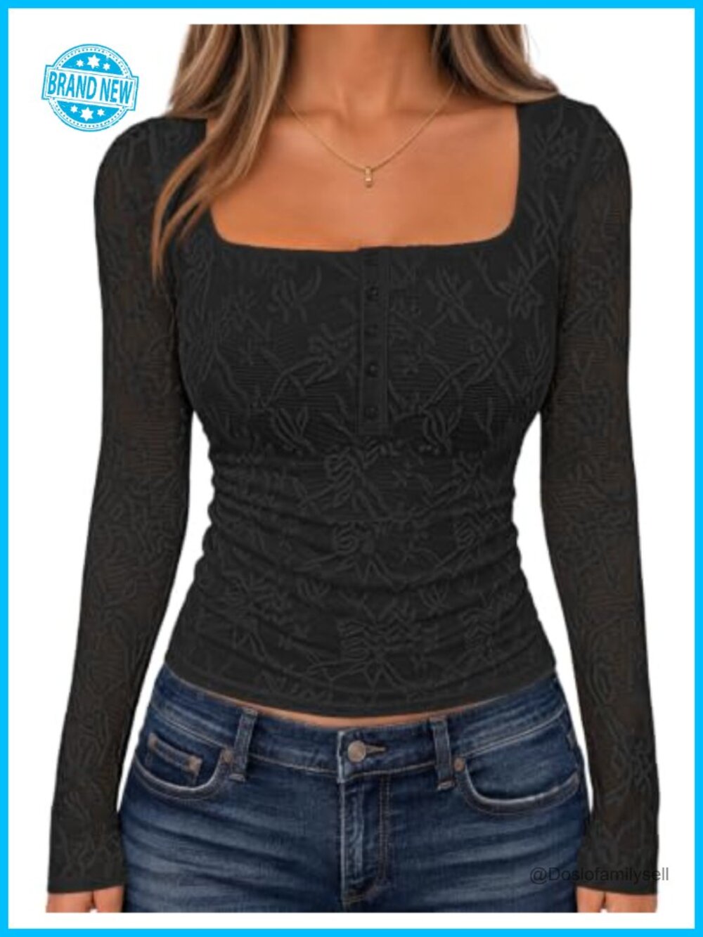 Lace Mesh Long Sleeve Square Neck Blouse Dressy Casual Women's Top
